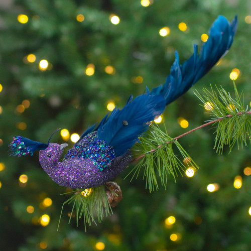 14.75" Glittered Blue and Green Peacock Christmas Clip-On Christmas Ornament
