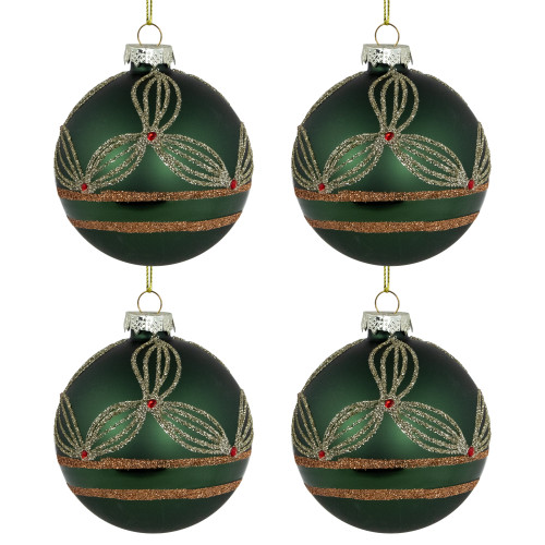 4ct Green and Gold Holly Berry Christmas Glass Ball Ornaments 3"