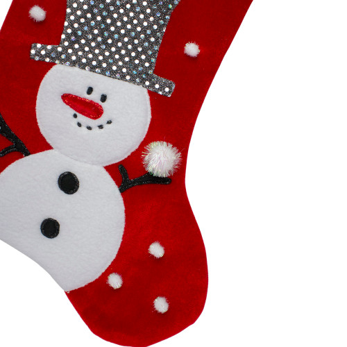 20.5" Red and White Snowman Embroidered Christmas Stocking with Sequined Cuff