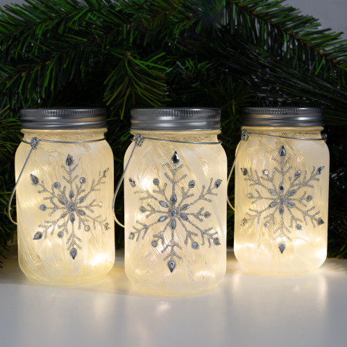 Battery Operated Silver Snowflake Glass Mason Jars - Set of 3