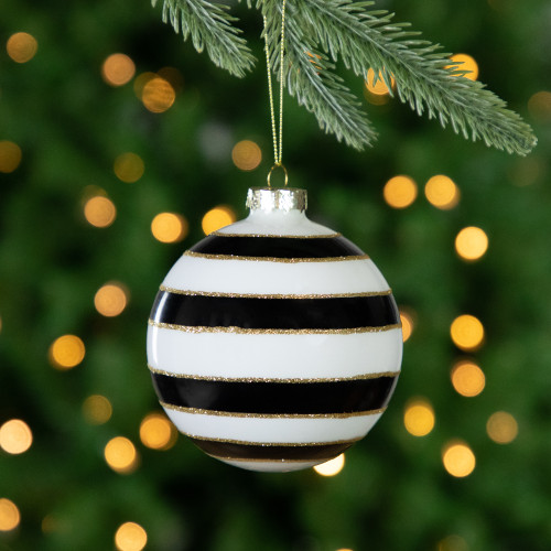 Set of 2 White and Black Striped Glass Christmas Ball Ornaments 4"