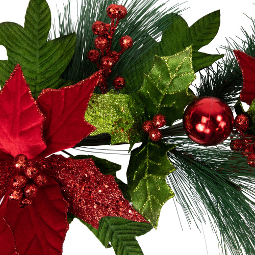 48" Glittered Red Poinsettia and Long Pine Christmas Swag, Unlit