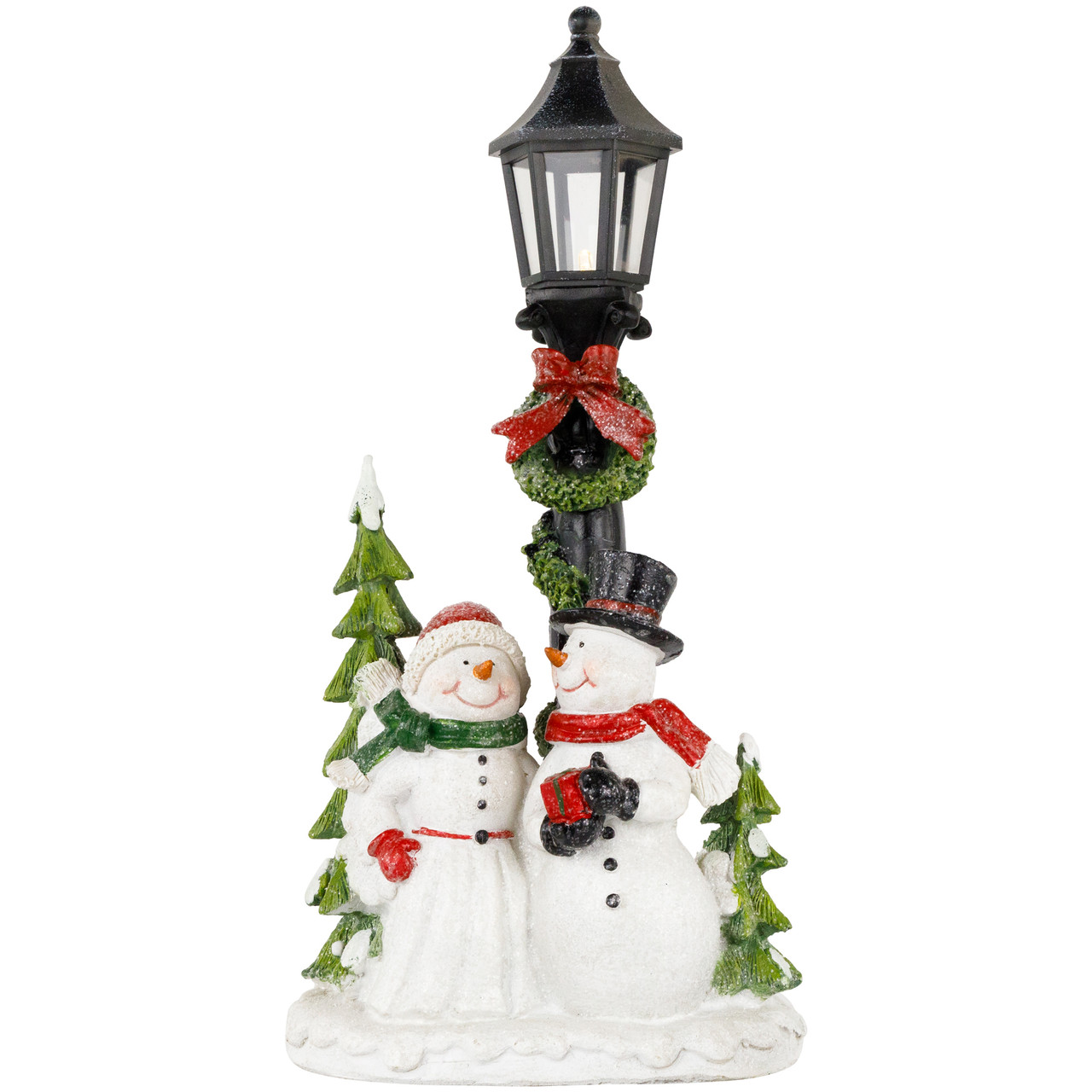 Lighted Snow Couple Under Street Lamp Christmas Decoration - 13.75"