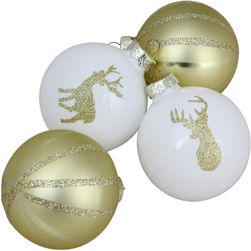 4ct Champagne Gold and White Deer 2-Finish Christmas Ball Ornaments 4.5" (110mm)