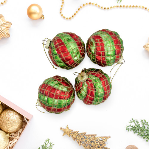 4ct Red and Gold Basket Weave Christmas Glass Ball Ornaments 3"
