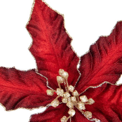 8" Glittered Burgundy Velvet Poinsettia Floral Christmas Pick Spray