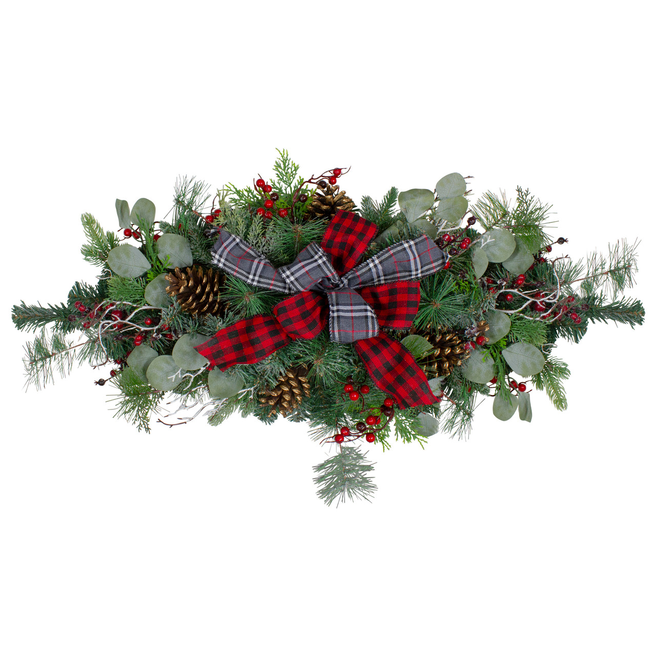 36" Dual Plaid Bows and Red Berries Artificial Christmas Swag - Unlit