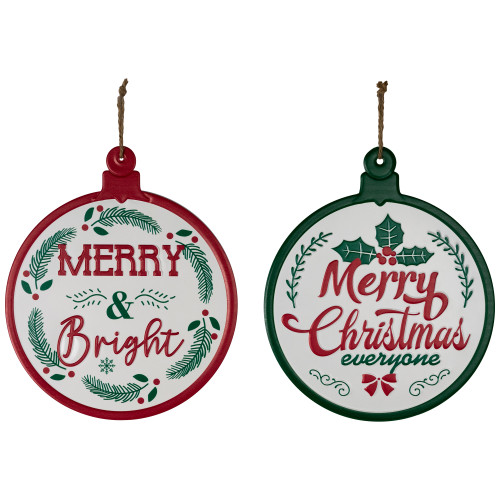Merry and Bright Ornament Style Metal Christmas Wall Signs - 14" - Red and Green - Set of 2