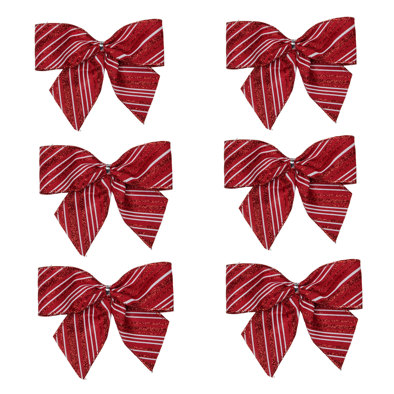 Glitter Striped 2-Loop Christmas Bow Decorations - 5.5" - Red - Pack of 6