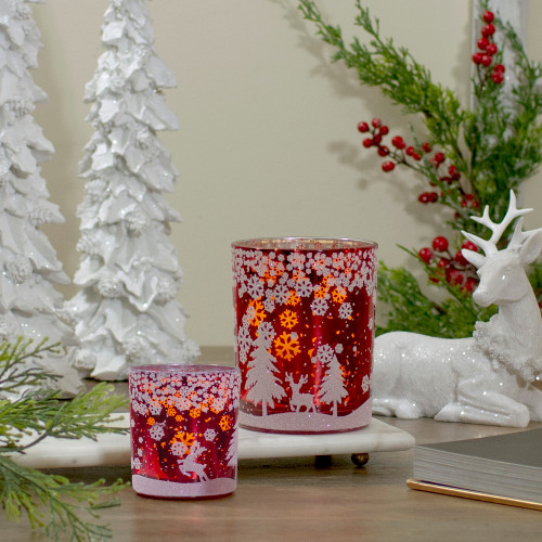 5" Red and Shiny Silver Deer in Winter Woods Flameless Candle Holder