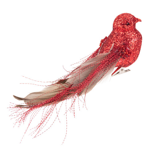 Glittered Bird with Feather Tail Christmas Clip Ornament - 7" - Red