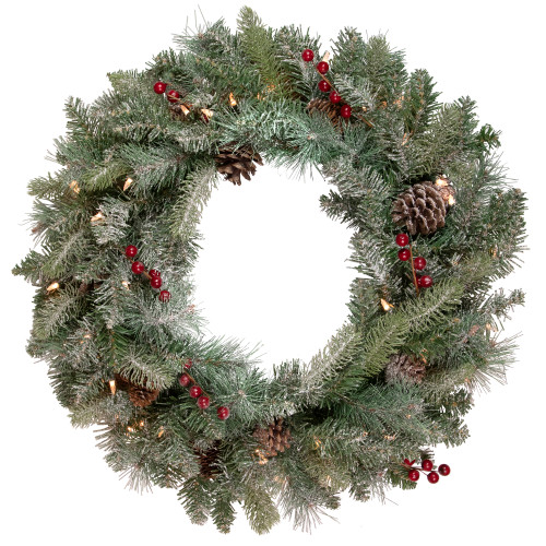 Pre-Lit Snowy Waterloo Pine Artificial Christmas Wreath - 24-Inch, Clear Lights