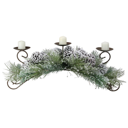 30" Green Frosted Pine Needle and Pine Cone Christmas Candle Holder