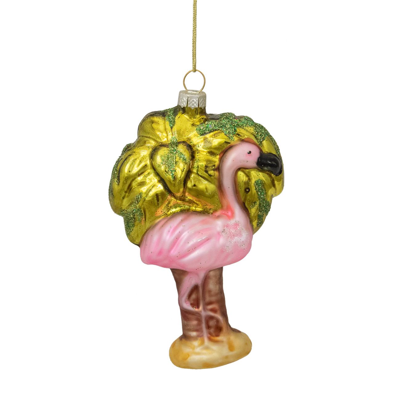 4" Pink Flamingo with Palm Tree Glass Christmas Ornament