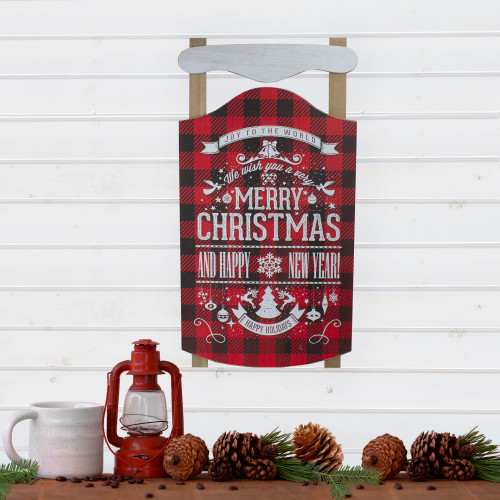 24�� Red and Black Buffalo Plaid Merry Christmas Sled Wooden Hanging Wall Sign