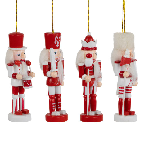 Nutcracker Soldiers Wooden Christmas Ornaments - 5" - Red and White - Set of 4