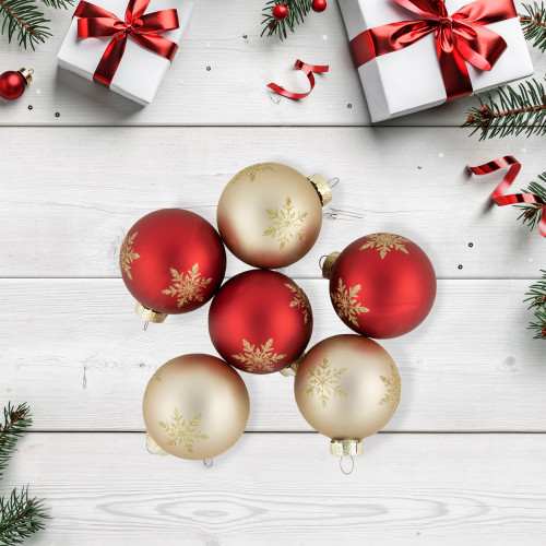 6ct Red and Gold Snowflake Glass Ball Christmas Ornaments 2.5"