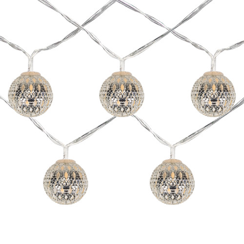 Battery Operated Metal Ball Christmas Lights - Warm White LED - 6.25' Clear Wire - 10ct