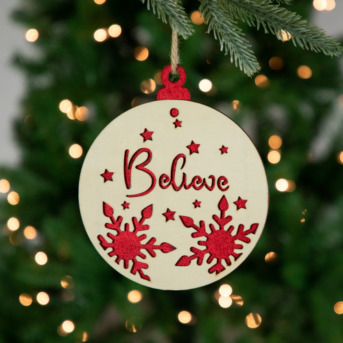 7" Round "Believe" Christmas Ornament Disc with Snowflake and Star Cutouts