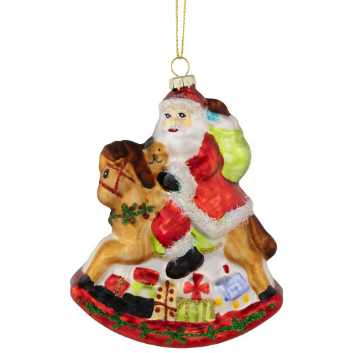 4.75" Santa on a Rocking Horse Glittered Glass Christmas Ornament