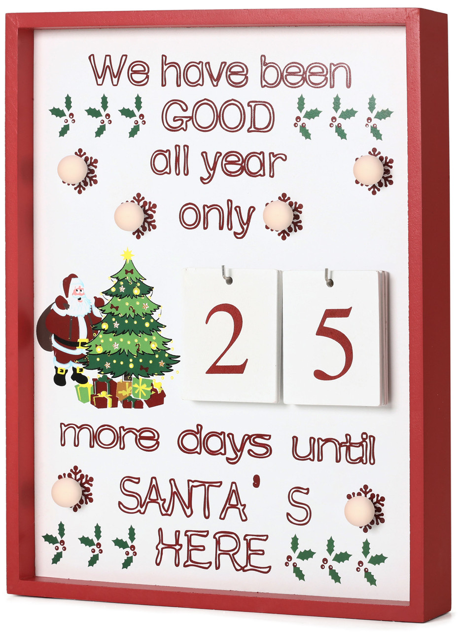 BRUBAKER Christmas Countdown Calendar - Wooden Board with Calendar Sheets - White with 6 LED Lights - 11 x 1.57 x 14 inches