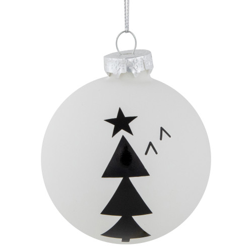 4ct White Glass Ball Ornaments with Black Christmas Trees 3"