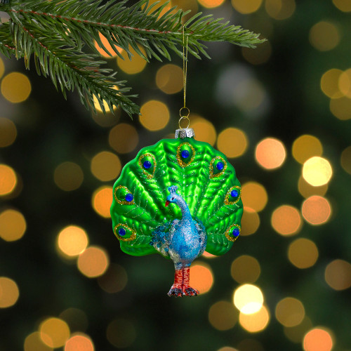 4.75" Green and Blue Peacock Glass Christmas Ornament