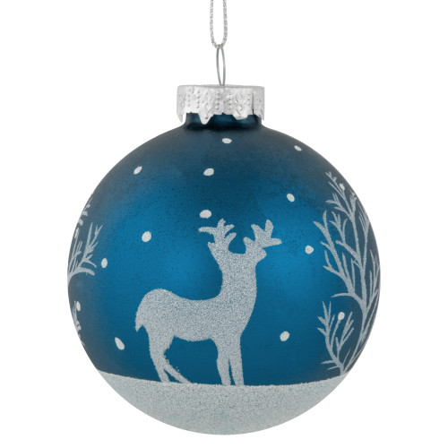 4ct Blue Glass Ball Christmas Ornaments with Glitter Reindeer 3"
