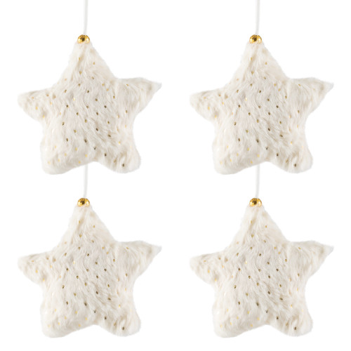 Faux Fur Star Plush Christmas Ornaments - 4.75" - Cream - Set of 4
