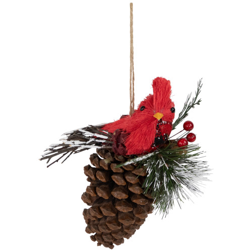 Woodland Cardinal Bird Perched on a Pinecone Frosted Christmas Ornament - 6.75"