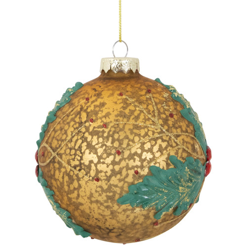 4" Gold Holly Berry Mercury Glass Ball Christmas Ornament