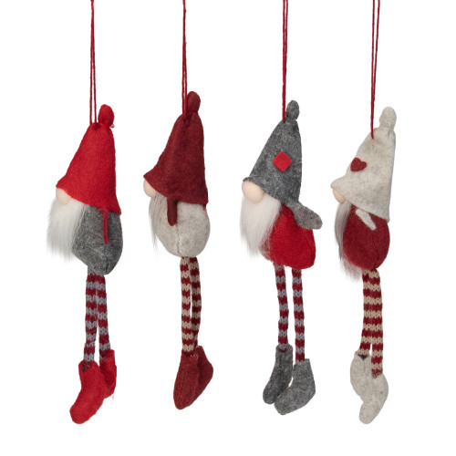 Set of 4 Red and Gray Plush Gnome Christmas Ornaments 9"