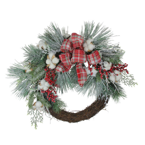 Real Touch?? Iced Mixed Pine and Holly Berry Artificial Christmas Wreath - 24" - Unlit