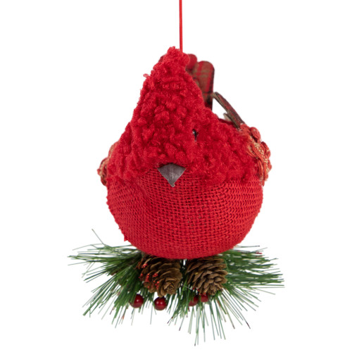 Burlap Cardinal with Pine Needles and Berries Christmas Ornament - 5.25" - Red