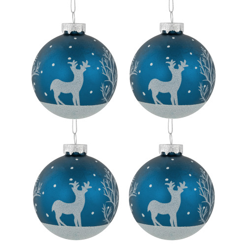 4ct Blue Glass Ball Christmas Ornaments with Glitter Reindeer 3"