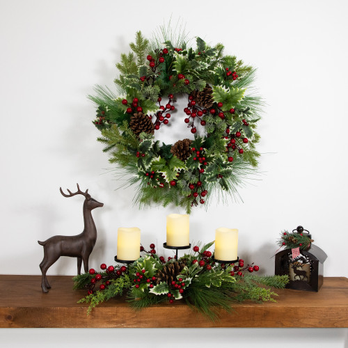Holly and Berries, Frosted Thistle and Pine Artificial Christmas Wreath - 24" - Unlit