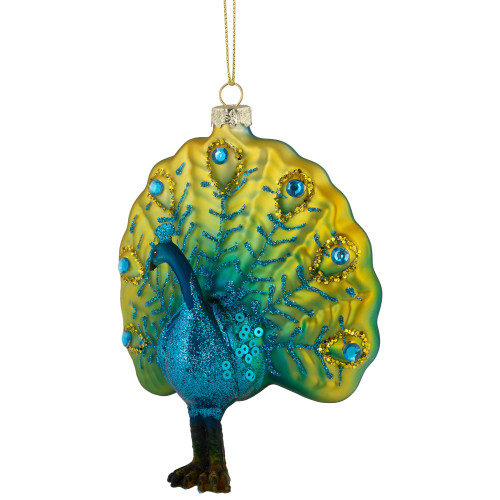 4.75" Glittered Blue and Gold Peacock Glass Christmas Ornament