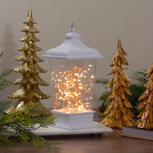 Tapered Lantern with Rice Lights Decoration - 12" - White - Clear Lights