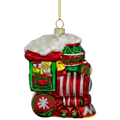4.5" Red and Green Glittered Train Christmas Glass Hanging Ornament