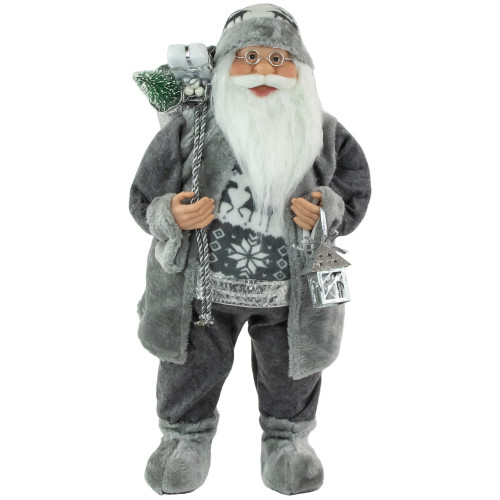 24" Gray and White Santa Claus with Lantern Christmas Figure