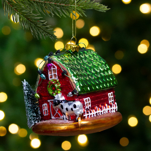 4" Festive Red and Green Barn with Roof Glass Christmas Ornament