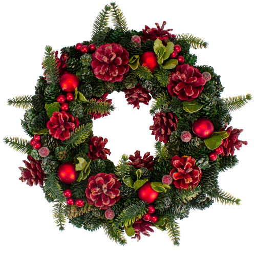 Red  Pine Cones and Ornaments Christmas Wreath, 13" - Unlit