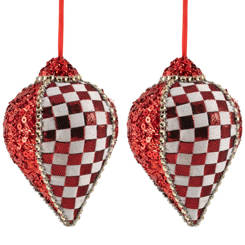 Sequined and Checkered Teardrop Christmas Ornaments - 4.75" - Red  - Set of 2