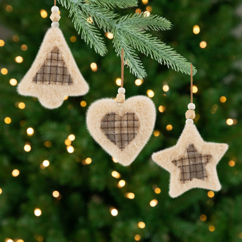 Plush Tree, Star and Heart Shaped Plaid Christmas Ornaments - 4.5" - Set of 3