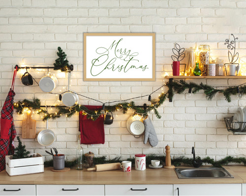 Green Merry Christmas 15.5" x 21.5" Framed Christmas Wall Decor Art Print Sign Poster in a Natural Wooden Frame with UV Acrylic and Hangers
