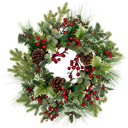 Holly and Berries, Frosted Thistle and Pine Artificial Christmas Wreath - 24" - Unlit