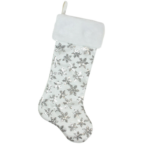 19 White and Silver Sequin Snowflake Christmas Stocking