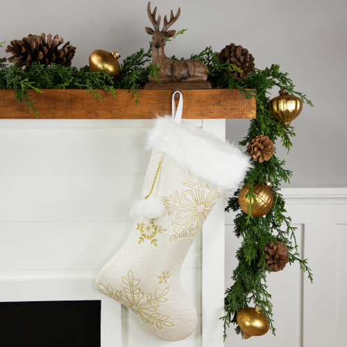 20" Cream with Gold Snowflakes Christmas Stocking with Faux Fur Cuff