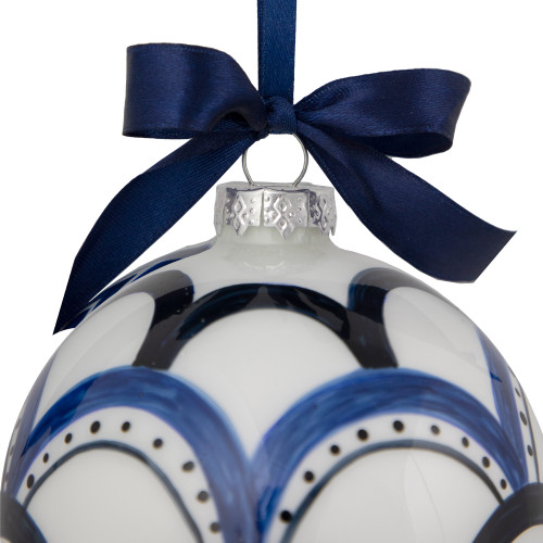 4" White and Blue Scallop Glass Christmas Ball Ornament