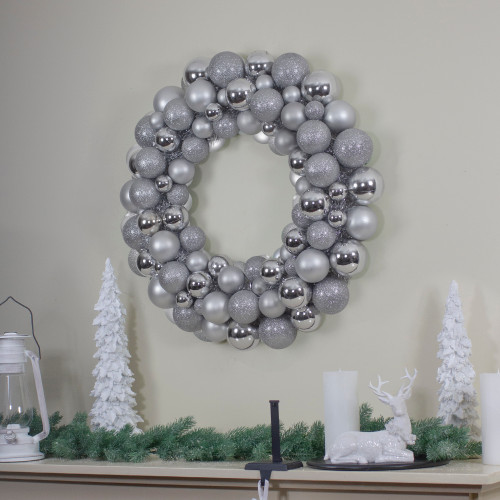 Silver 3-Finish Shatterproof Ball Ornament Christmas Wreath, 36-Inch